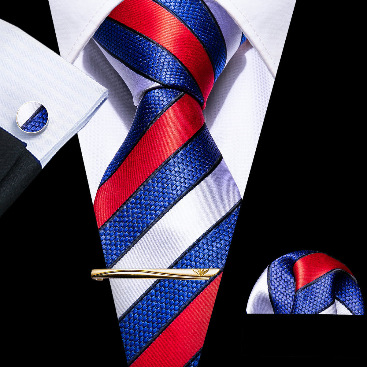 Blue Red Geometric Novelty Tie, Pocket Square and Cufflinks Set tie sets - Sophisticated Gentlemen