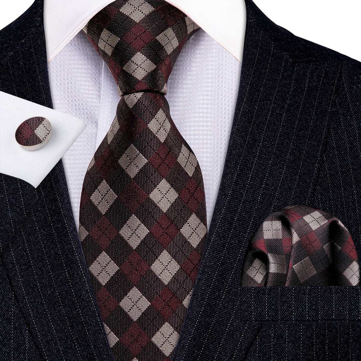 Brown Plaid Silk Checkered Tie, Pocket Square and Cufflinks Set tie sets - Sophisticated Gentlemen