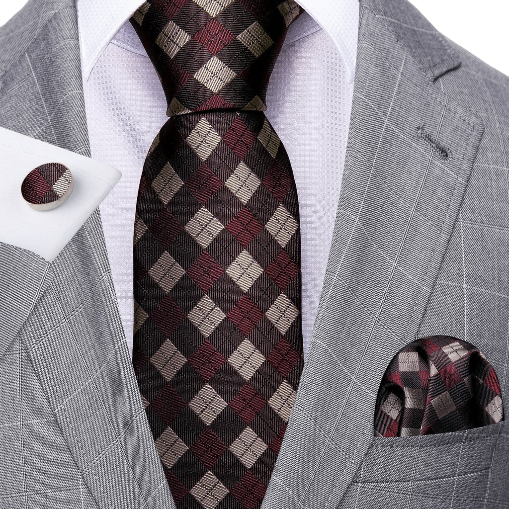 Brown Plaid Silk Checkered Tie, Pocket Square and Cufflinks Set tie sets - Sophisticated Gentlemen