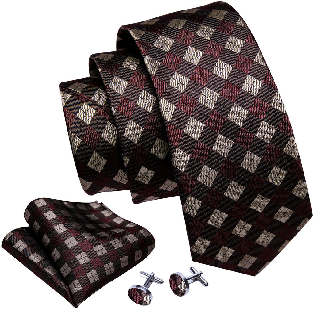 Brown Plaid Silk Checkered Tie, Pocket Square and Cufflinks Set tie sets - Sophisticated Gentlemen