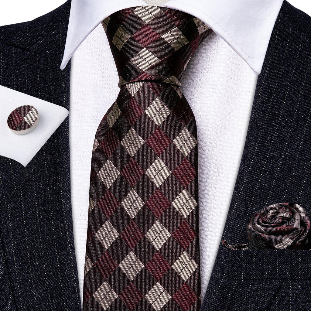 Brown Plaid Silk Checkered Tie, Pocket Square and Cufflinks Set tie sets - Sophisticated Gentlemen