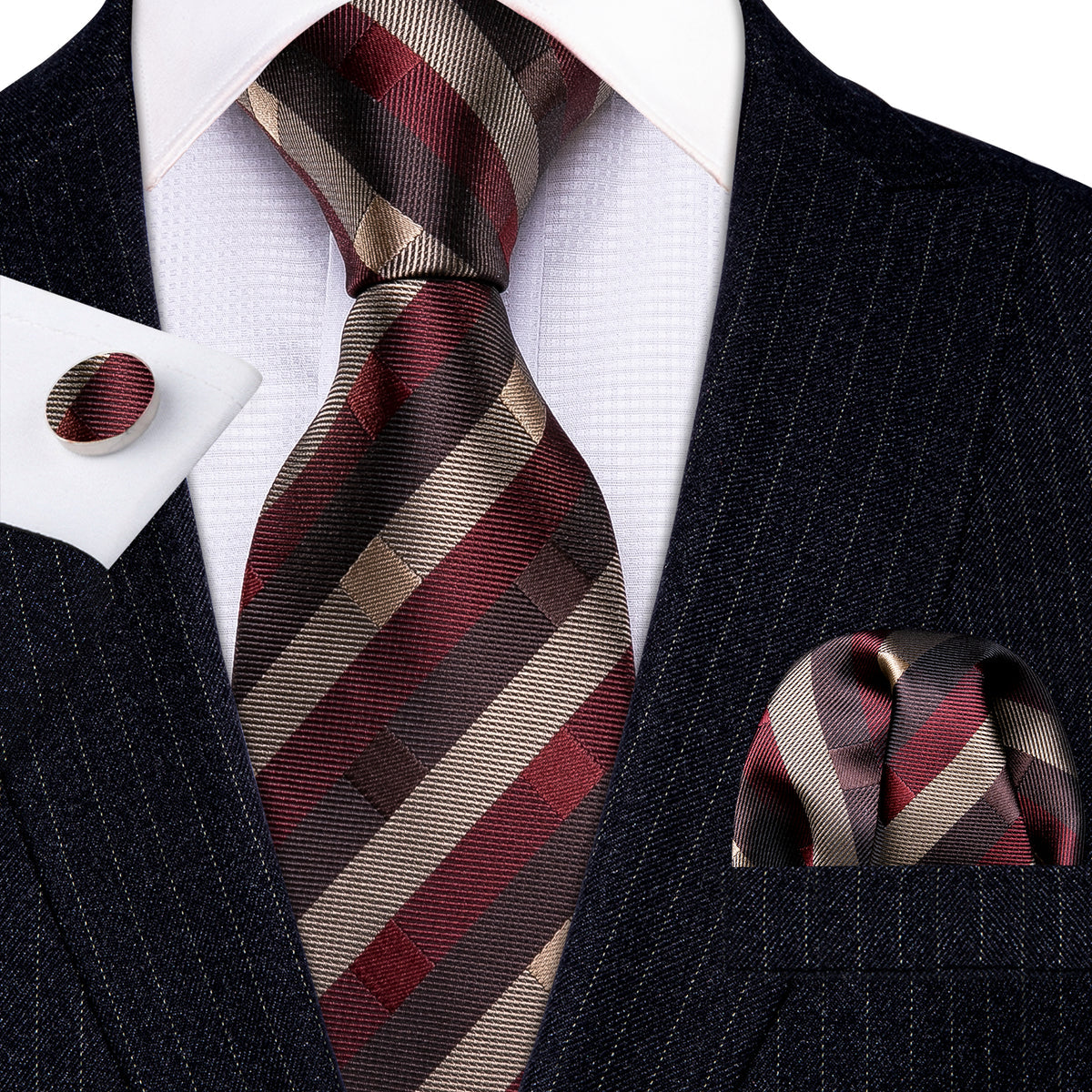 Red Brown Striped Silk Tie, Pocket Square and Cufflinks Set tie sets - Sophisticated Gentlemen