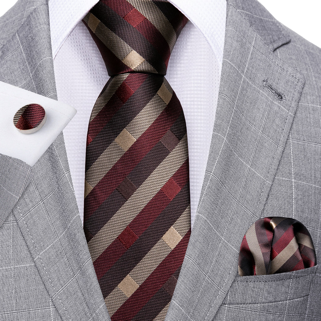 Red Brown Striped Silk Tie, Pocket Square and Cufflinks Set tie sets - Sophisticated Gentlemen