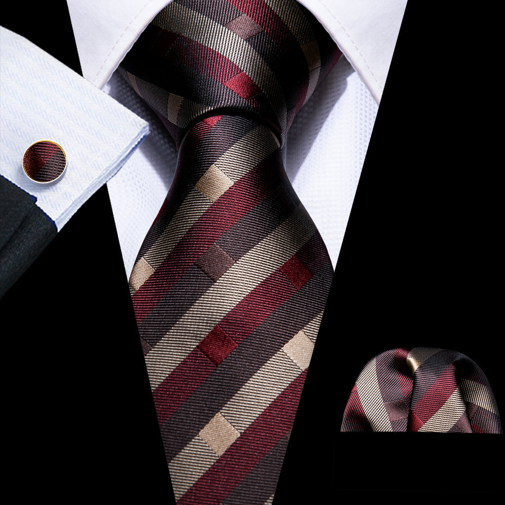 Red Brown Striped Silk Tie, Pocket Square and Cufflinks Set tie sets - Sophisticated Gentlemen