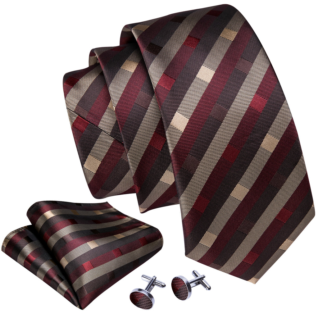 Red Brown Striped Silk Tie, Pocket Square and Cufflinks Set tie sets - Sophisticated Gentlemen