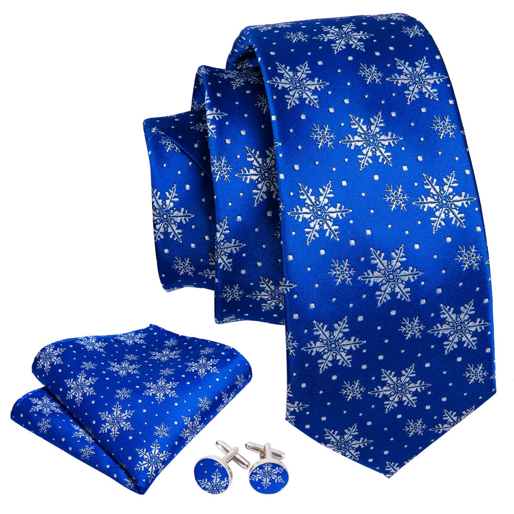 Blue White Snowflake Christmas Silk Tie, Pocket Square and Cufflinks Set tie sets - Sophisticated Gentlemen