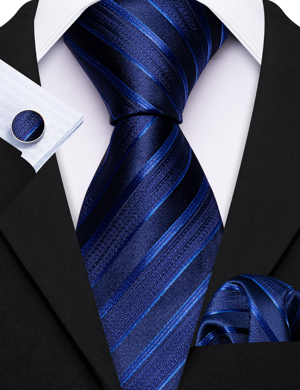 Deep Blue Stripe Tie, Pocket Square and Cufflinks Set tie sets - Sophisticated Gentlemen
