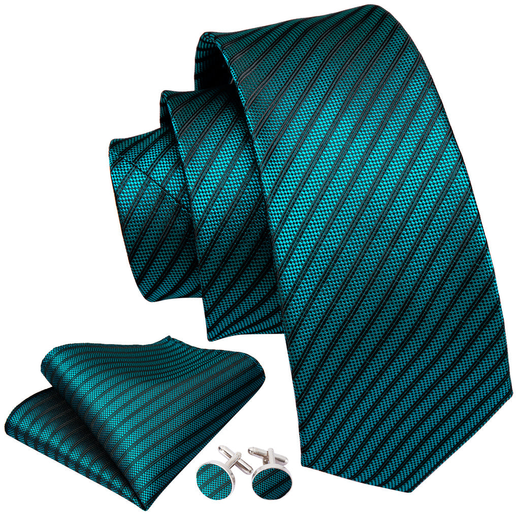 Teal Green Black Striped Tie, Pocket Square and Cufflinks Set tie sets - Sophisticated Gentlemen