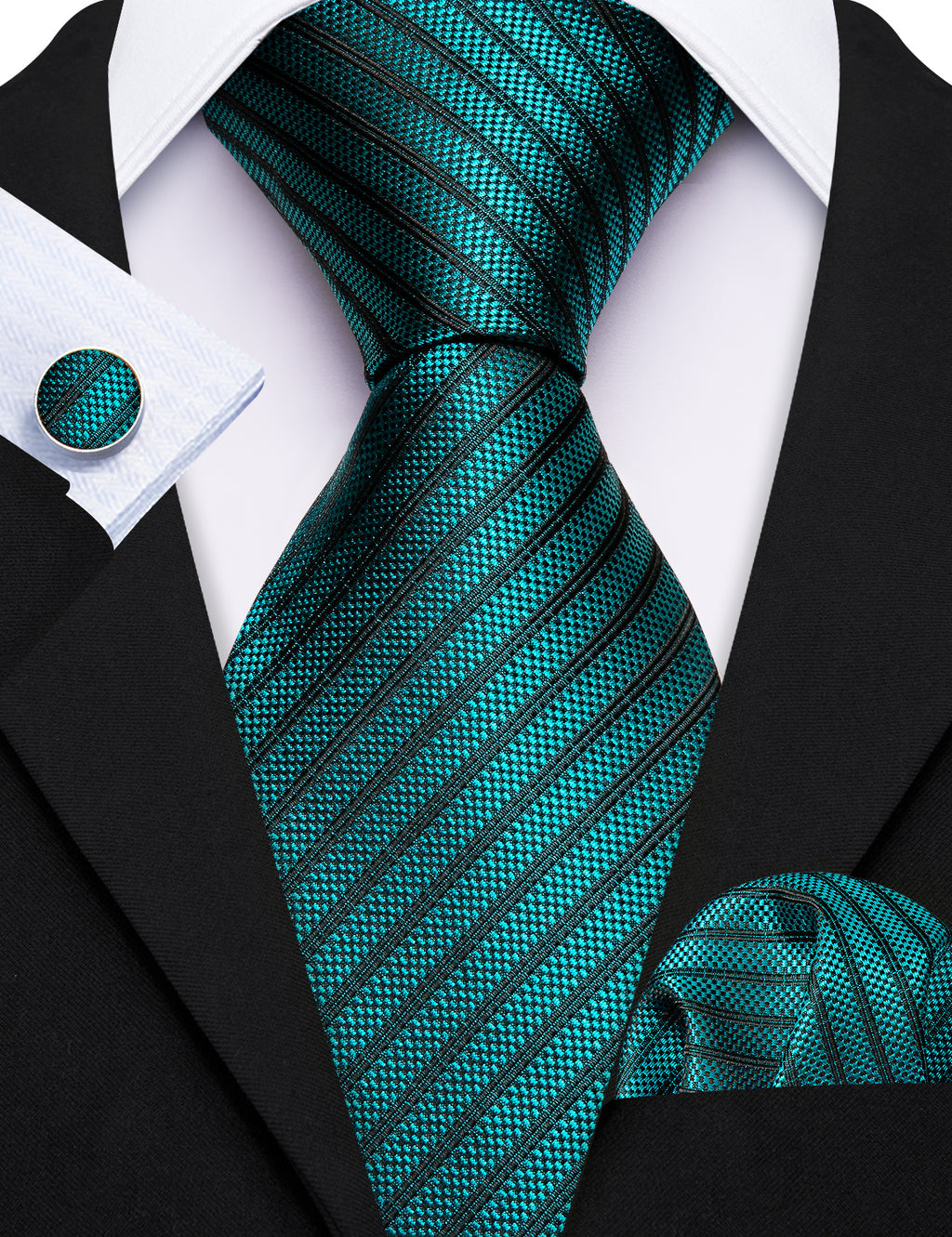 Teal Green Black Striped Tie, Pocket Square and Cufflinks Set tie sets - Sophisticated Gentlemen