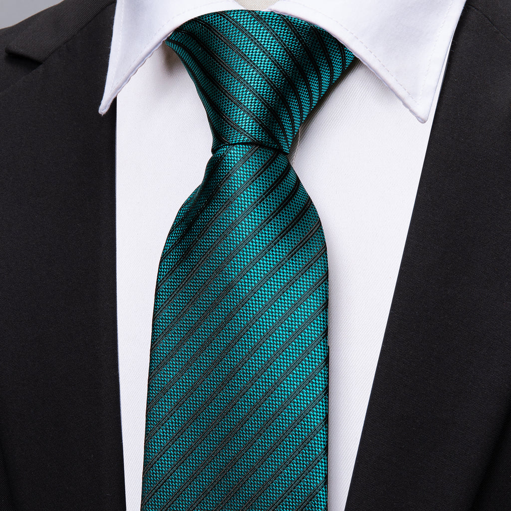 Teal Green Black Striped Tie, Pocket Square and Cufflinks Set tie sets - Sophisticated Gentlemen