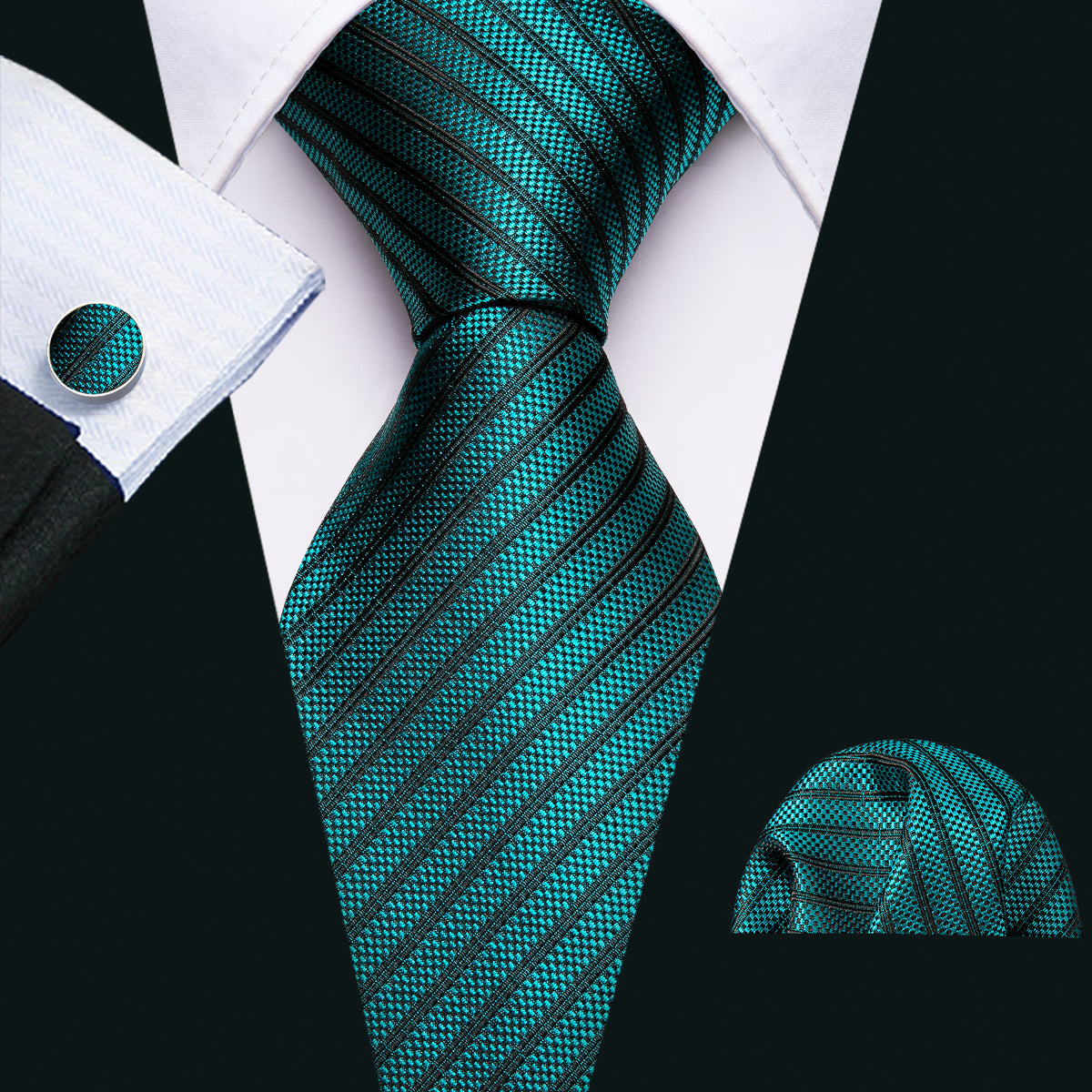 Teal Green Black Striped Tie, Pocket Square and Cufflinks Set tie sets - Sophisticated Gentlemen