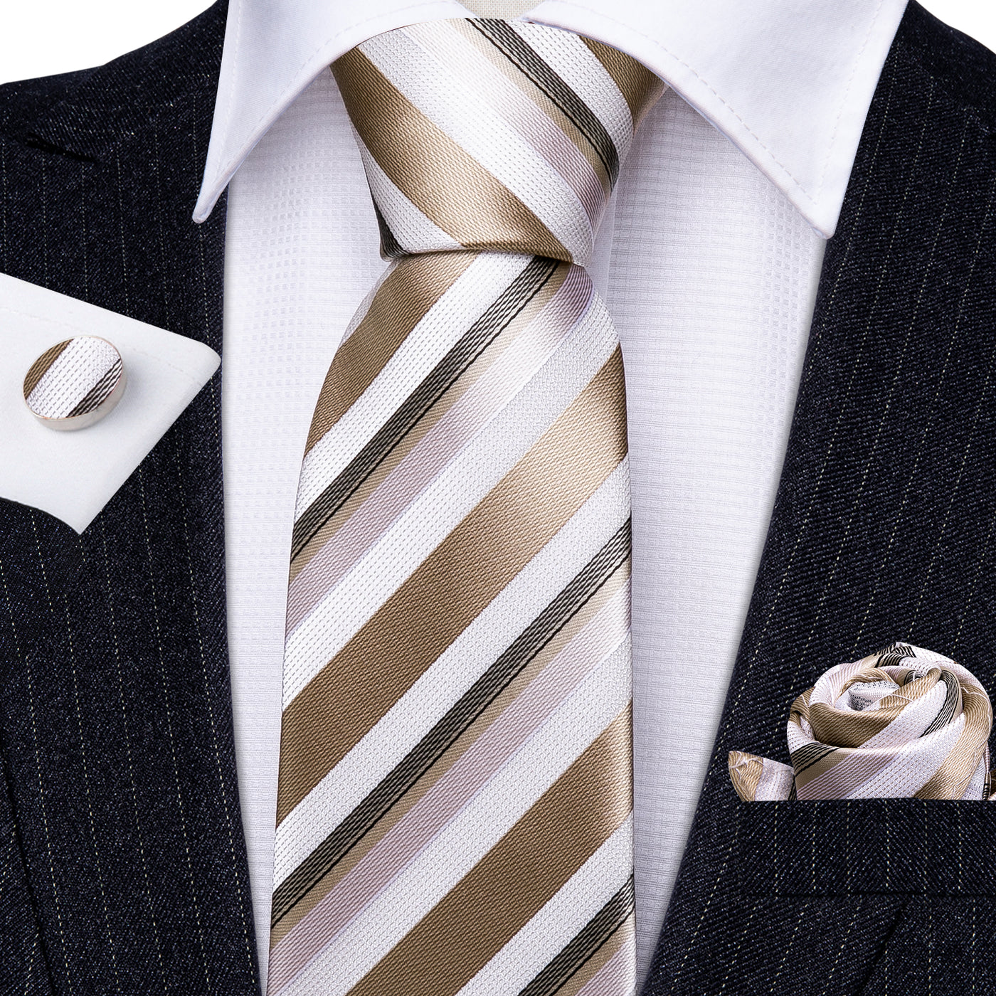 Champagne & Ivory Striped Silk Tie Set with Pocket Square & Cufflinks