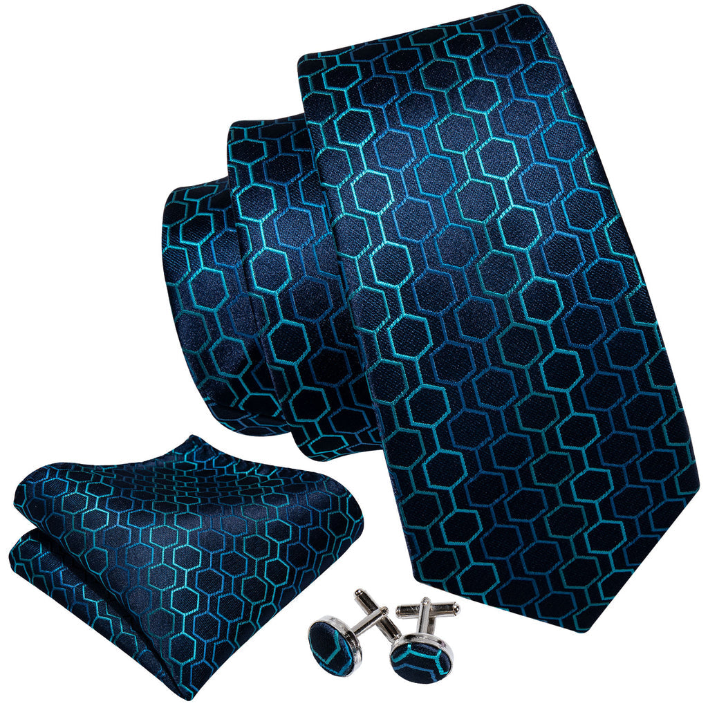 Navy & Sky Blue Geometric Plaid Silk Tie, Pocket Square & Cufflinks Set tie sets - Sophisticated Gentlemen