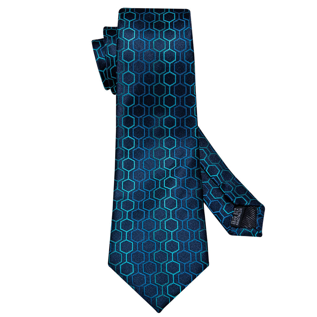 Navy & Sky Blue Geometric Plaid Silk Tie, Pocket Square & Cufflinks Set tie sets - Sophisticated Gentlemen