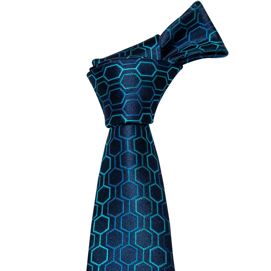 Navy & Sky Blue Geometric Plaid Silk Tie, Pocket Square & Cufflinks Set tie sets - Sophisticated Gentlemen