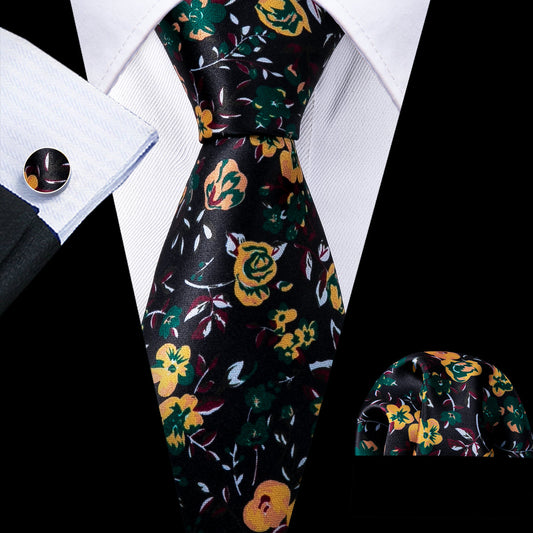 Black and Yellow Rose Floral Silk Tie, Pocket Square, and Cufflinks Set tie sets    - Sophisticated Gentlemen