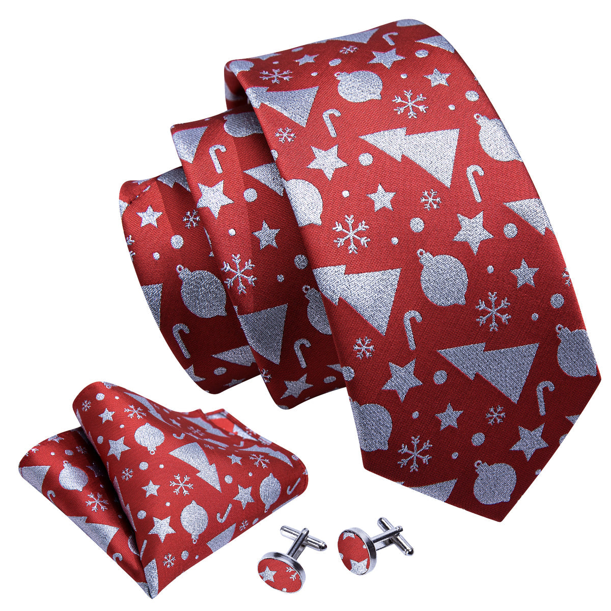 Crimson Red & Silver Christmas Tie, Pocket Square, and Cufflinks Set tie sets - Sophisticated Gentlemen