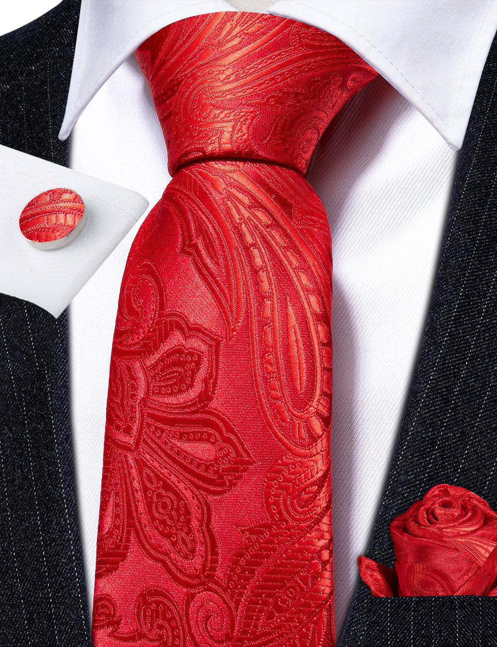 Red Paisley Silk Tie, Pocket Square and Cufflinks Set tie sets - Sophisticated Gentlemen