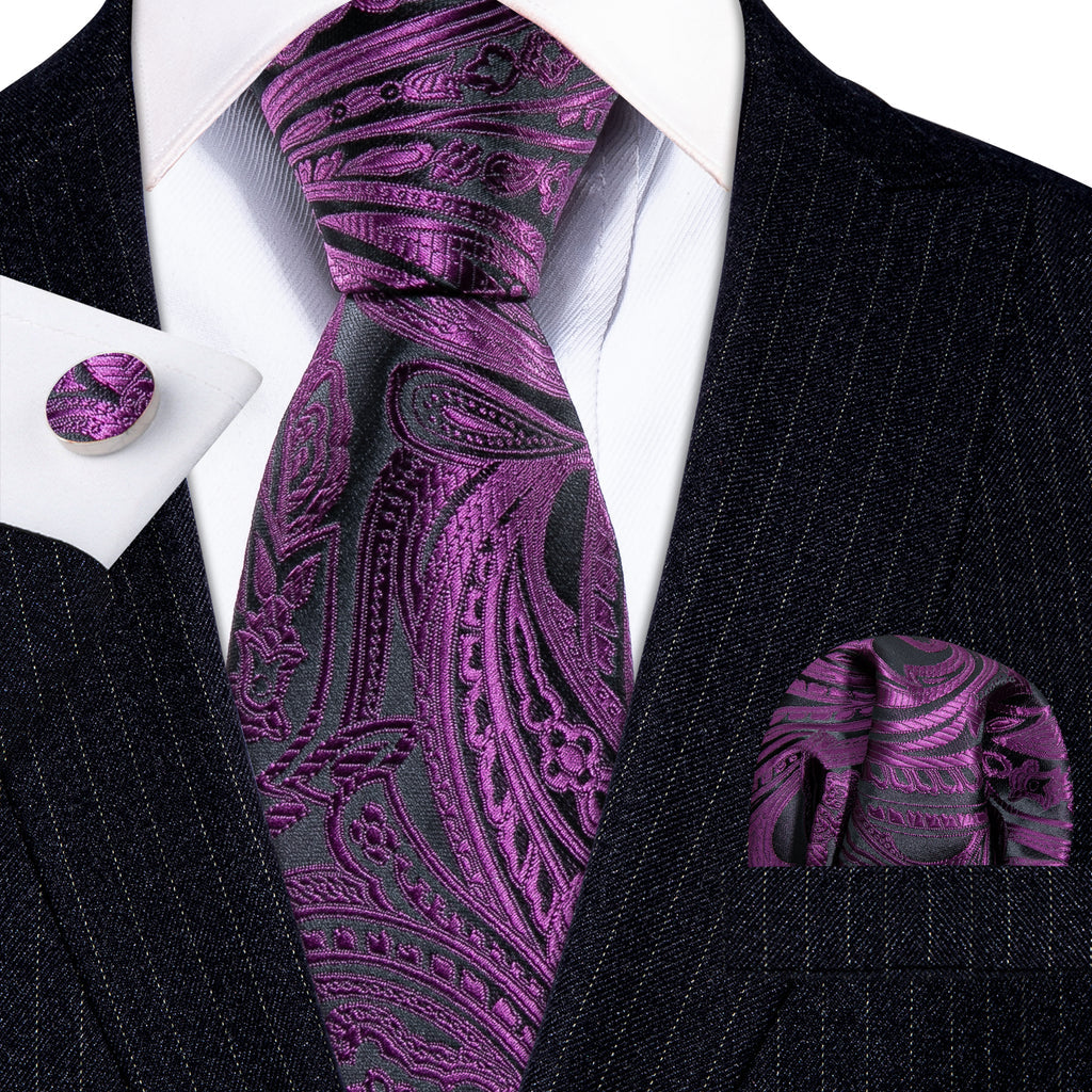 Purple Black Paisley Silk Tie, Pocket Square and Cufflinks Set tie sets - Sophisticated Gentlemen