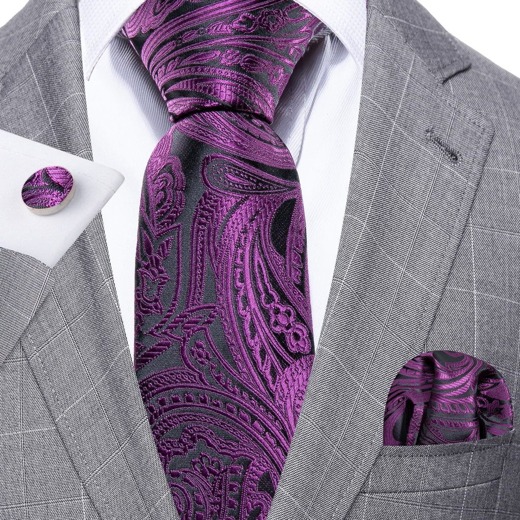 Purple Black Paisley Silk Tie, Pocket Square and Cufflinks Set tie sets - Sophisticated Gentlemen