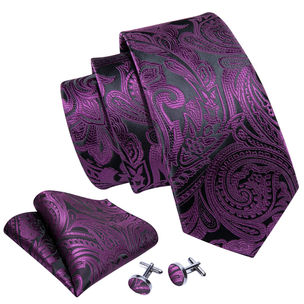Purple Black Paisley Silk Tie, Pocket Square and Cufflinks Set tie sets - Sophisticated Gentlemen