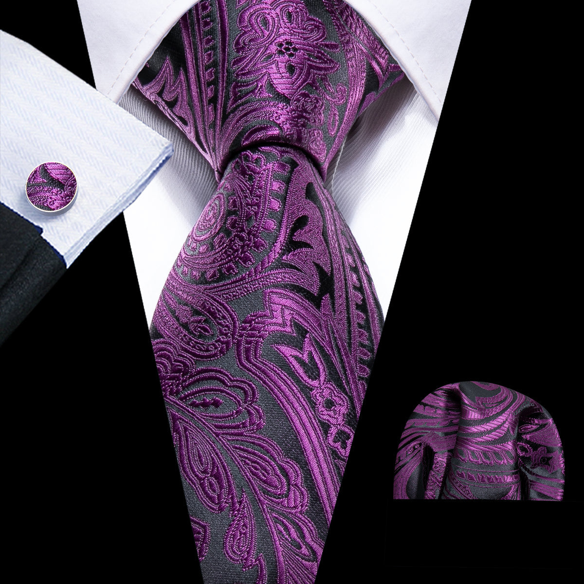 Purple Black Paisley Silk Tie, Pocket Square and Cufflinks Set tie sets - Sophisticated Gentlemen