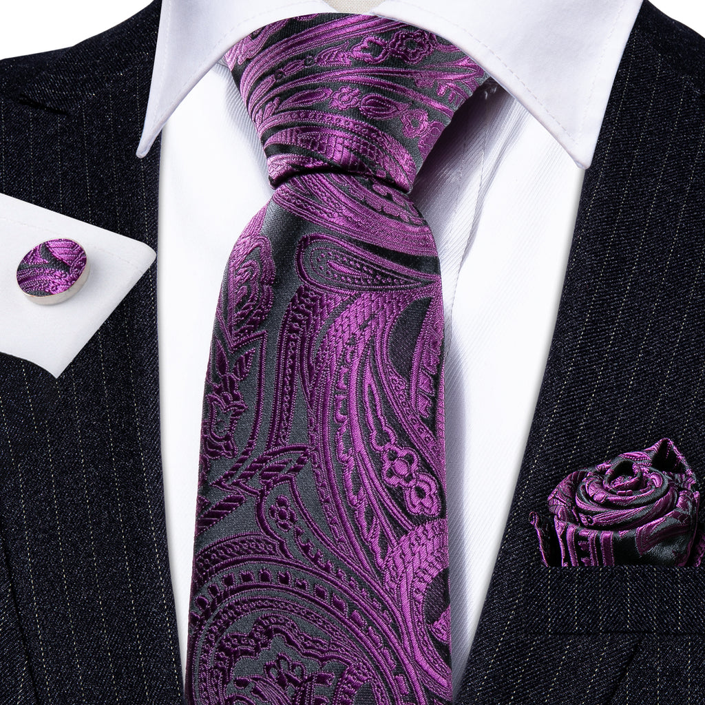 Purple Black Paisley Silk Tie, Pocket Square and Cufflinks Set tie sets - Sophisticated Gentlemen