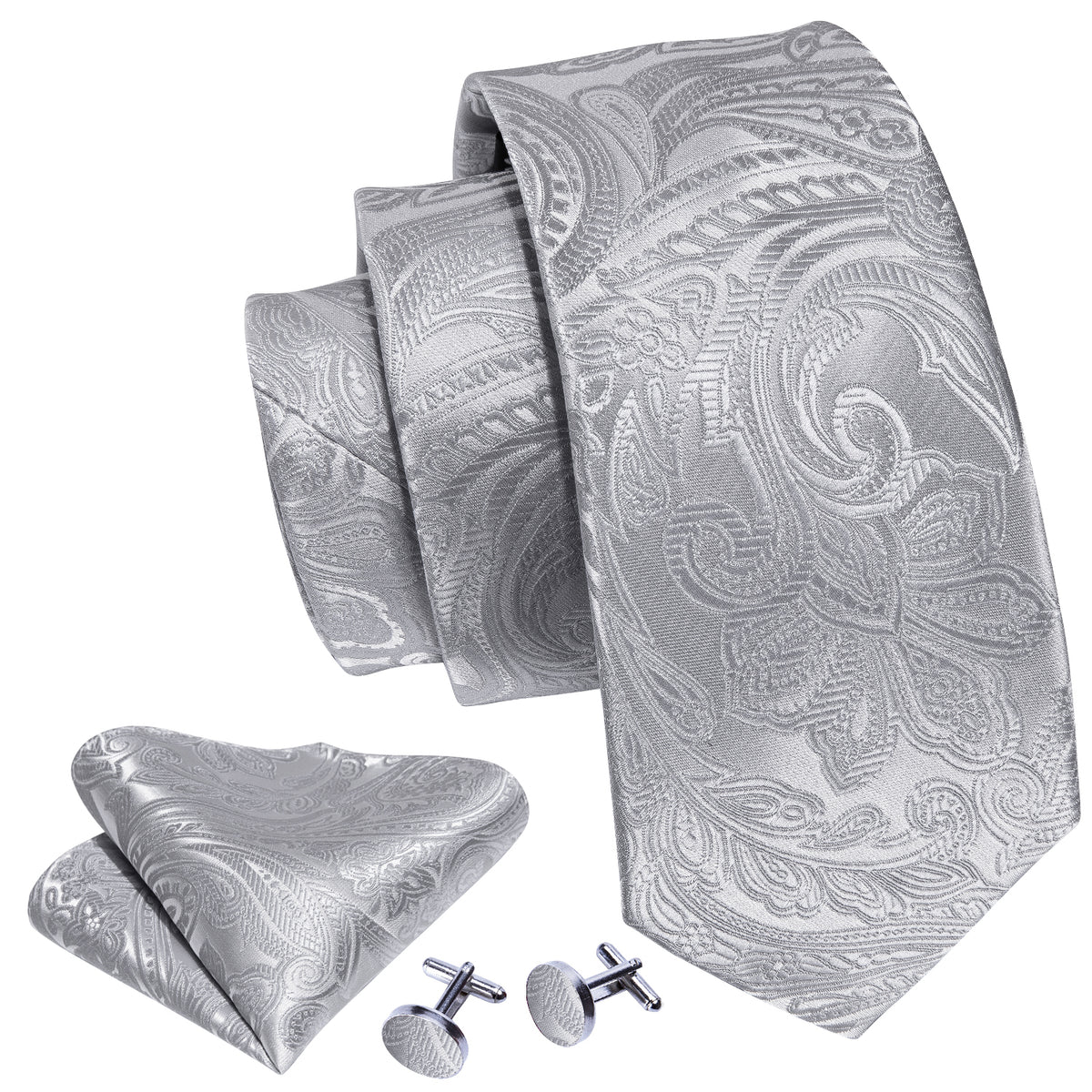 Silver Paisley Silk Tie, Pocket Square and Cufflinks Set tie sets - Sophisticated Gentlemen