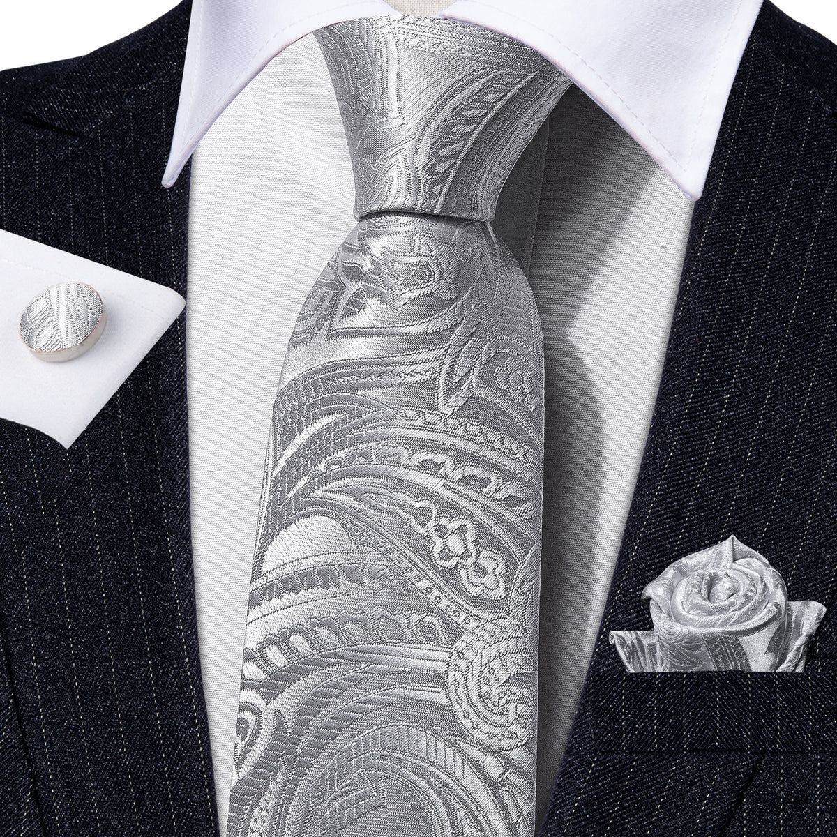 Silver Paisley Silk Tie, Pocket Square and Cufflinks Set tie sets - Sophisticated Gentlemen