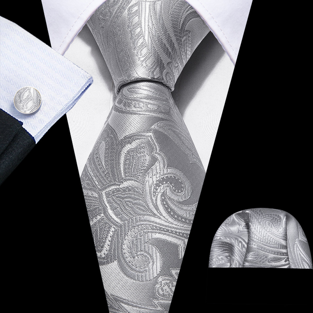 Silver Paisley Silk Tie, Pocket Square and Cufflinks Set tie sets - Sophisticated Gentlemen