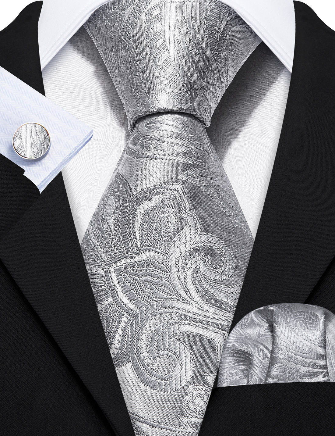 Silver Paisley Silk Tie, Pocket Square and Cufflinks Set tie sets - Sophisticated Gentlemen