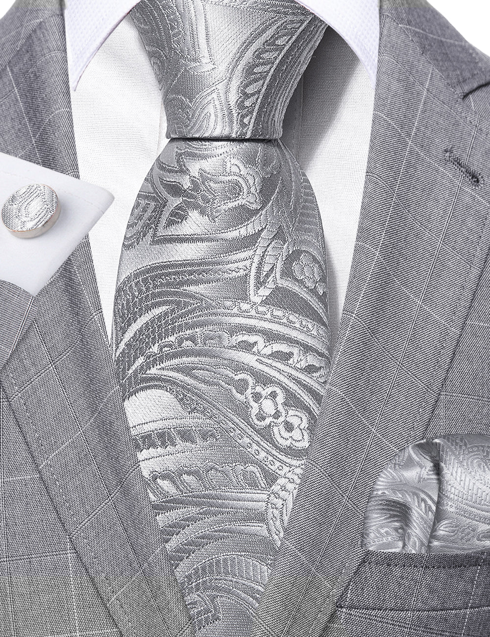 Silver Paisley Silk Tie, Pocket Square and Cufflinks Set tie sets - Sophisticated Gentlemen
