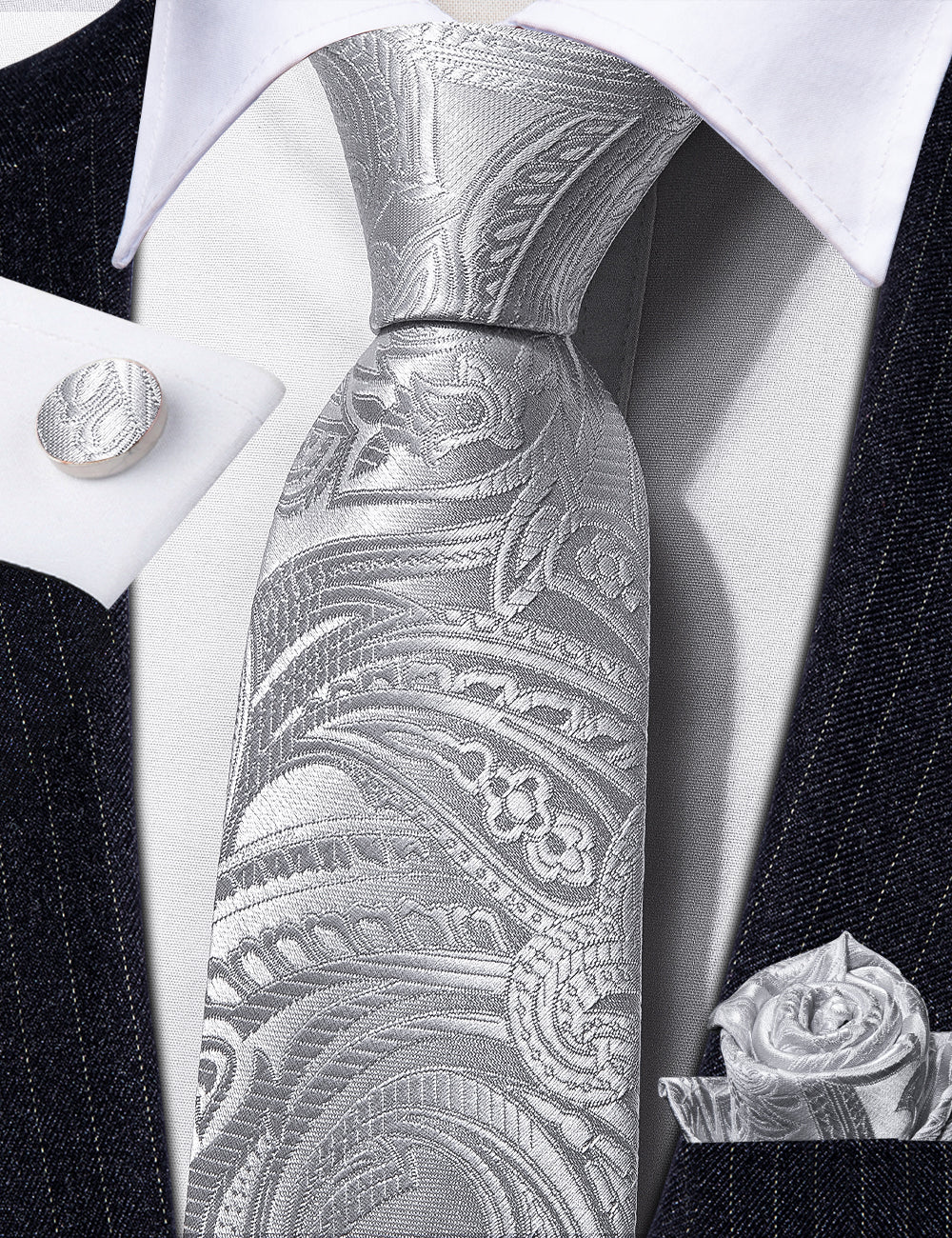 Silver Paisley Silk Tie, Pocket Square and Cufflinks Set tie sets - Sophisticated Gentlemen