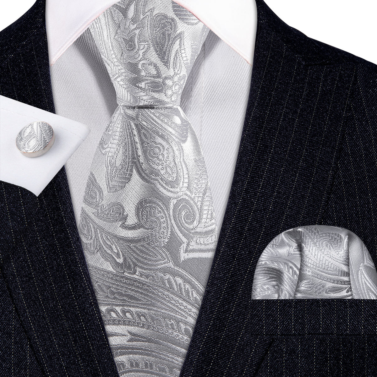 Silver Paisley Silk Tie, Pocket Square and Cufflinks Set tie sets - Sophisticated Gentlemen