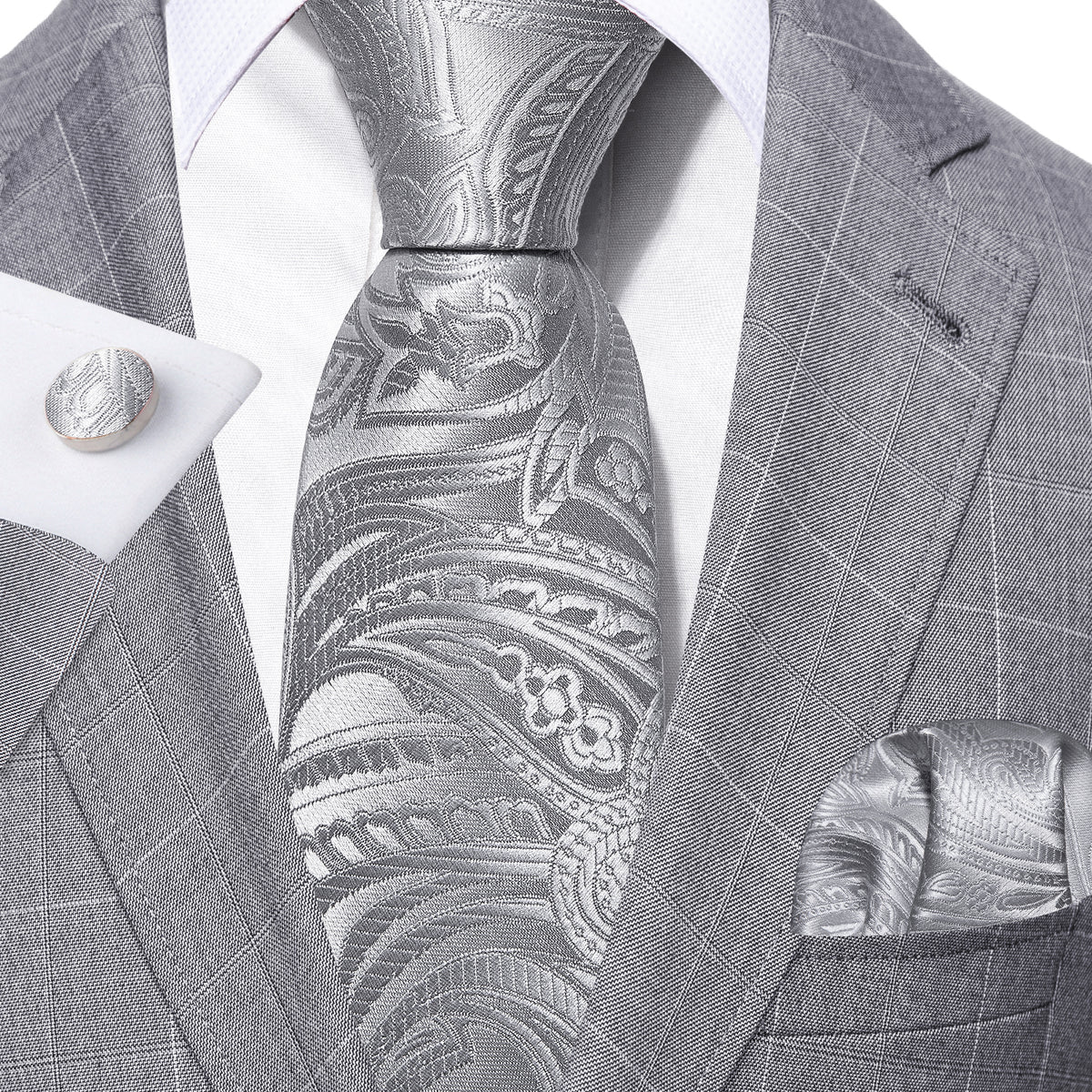 Silver Paisley Silk Tie, Pocket Square and Cufflinks Set tie sets - Sophisticated Gentlemen