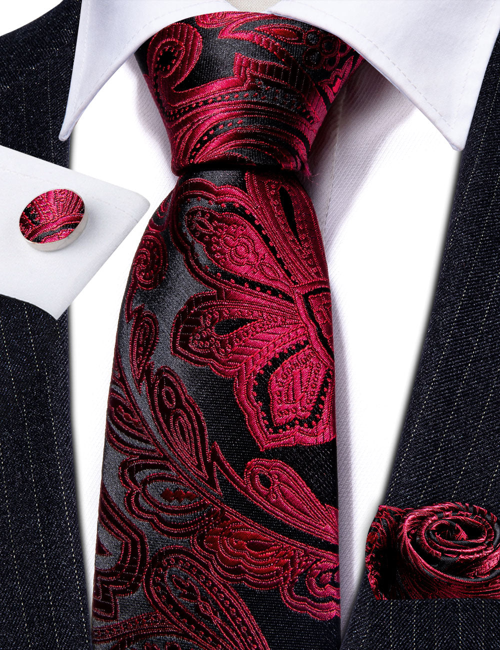 Red Black Paisley Silk Tie, Pocket Square and Cufflinks Set tie sets - Sophisticated Gentlemen