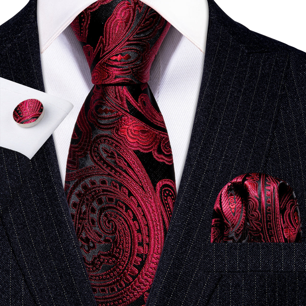 Red Black Paisley Silk Tie, Pocket Square and Cufflinks Set tie sets - Sophisticated Gentlemen