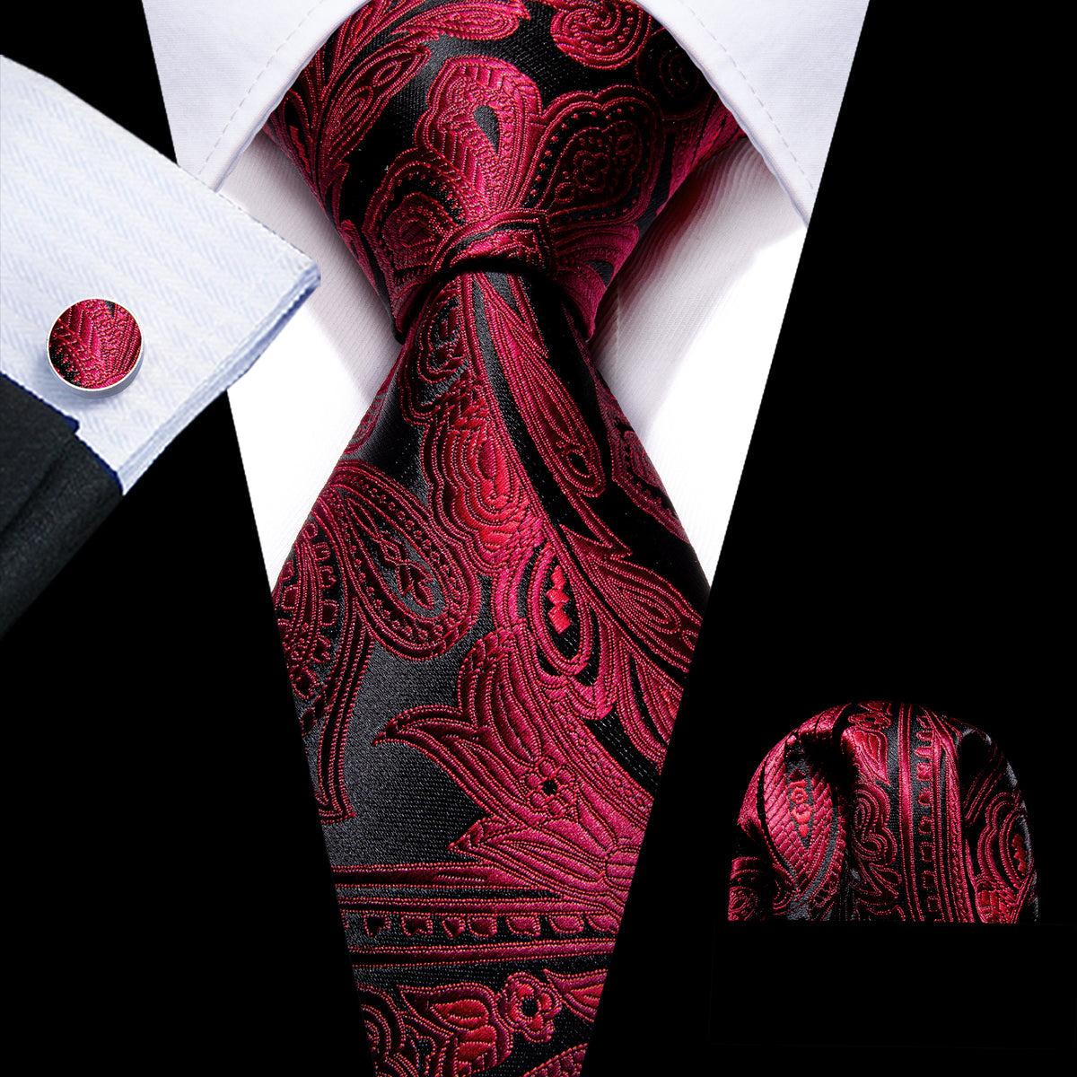 Red Black Paisley Silk Tie, Pocket Square and Cufflinks Set tie sets - Sophisticated Gentlemen