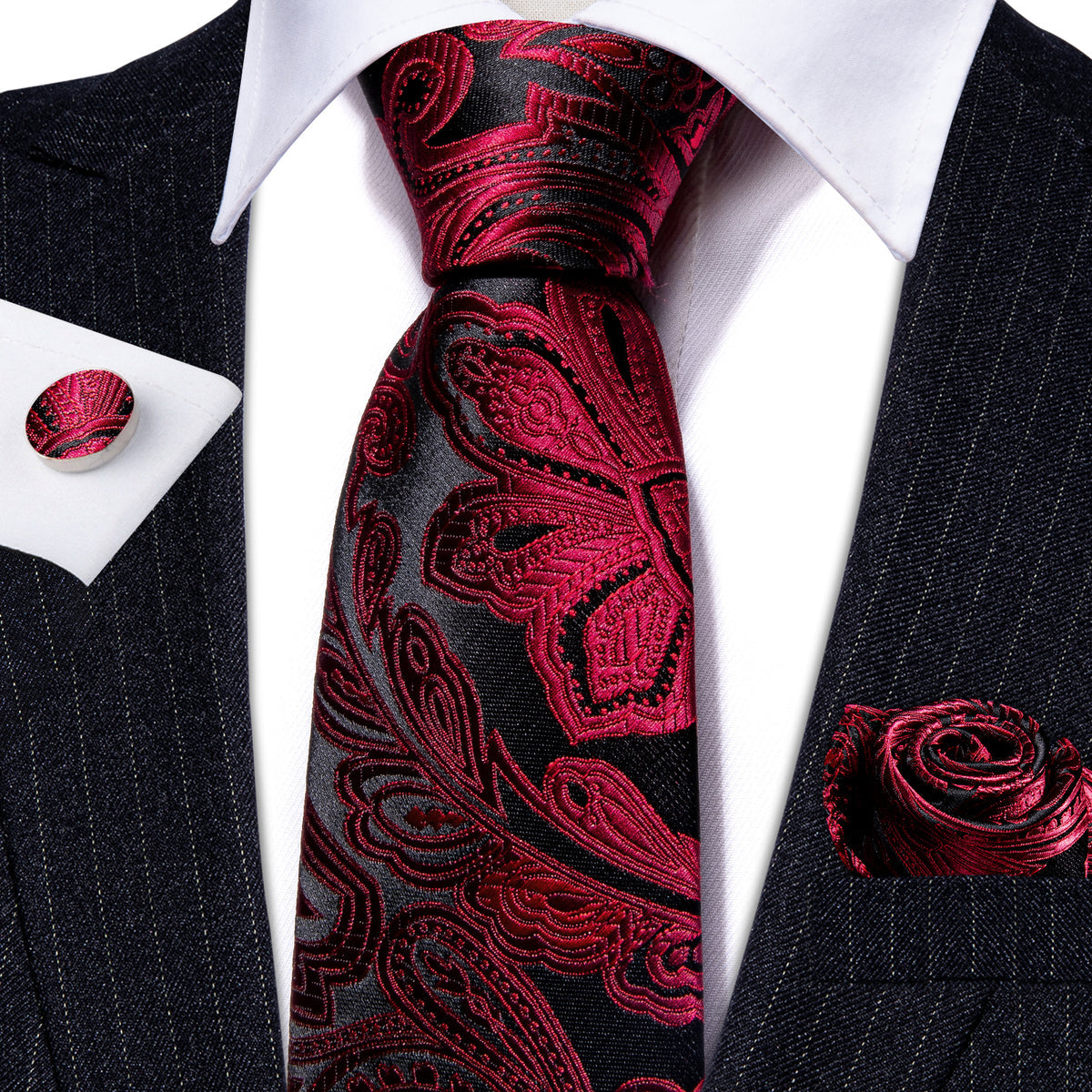 Red Black Paisley Silk Tie, Pocket Square and Cufflinks Set tie sets - Sophisticated Gentlemen
