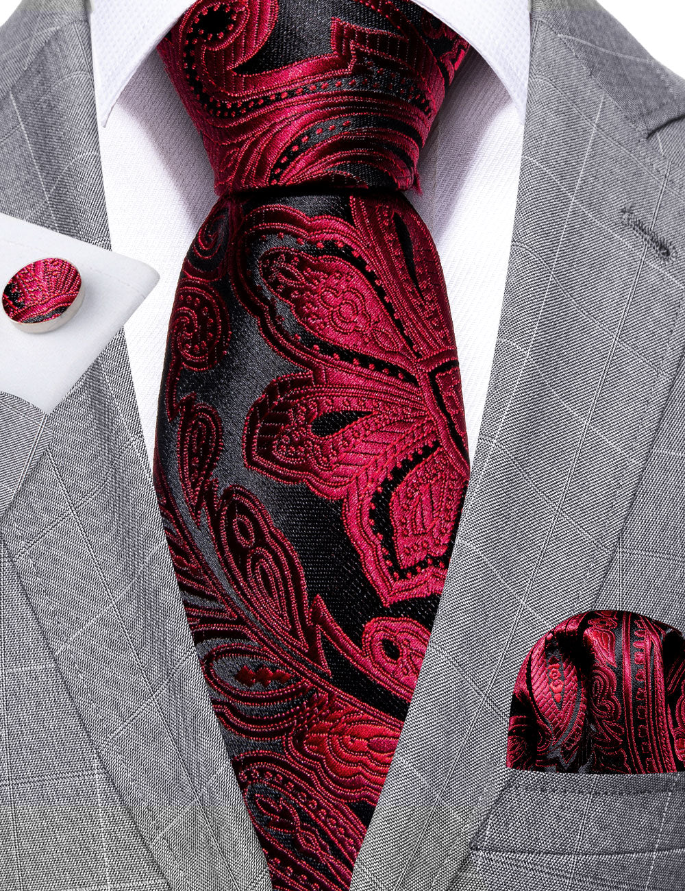 Red Black Paisley Silk Tie, Pocket Square and Cufflinks Set tie sets - Sophisticated Gentlemen