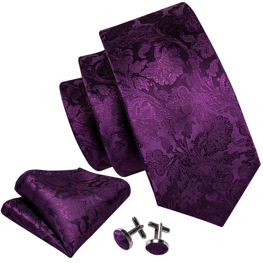 Dark Purple Floral Silk XL Tie, Pocket Square and Cufflinks tie sets - Sophisticated Gentlemen