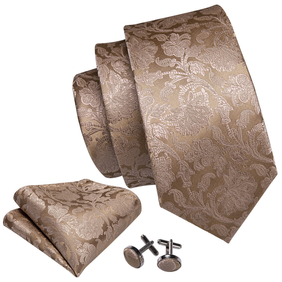 Light Brown Floral XL Tie, Pocket Square and Cufflinks tie sets - Sophisticated Gentlemen