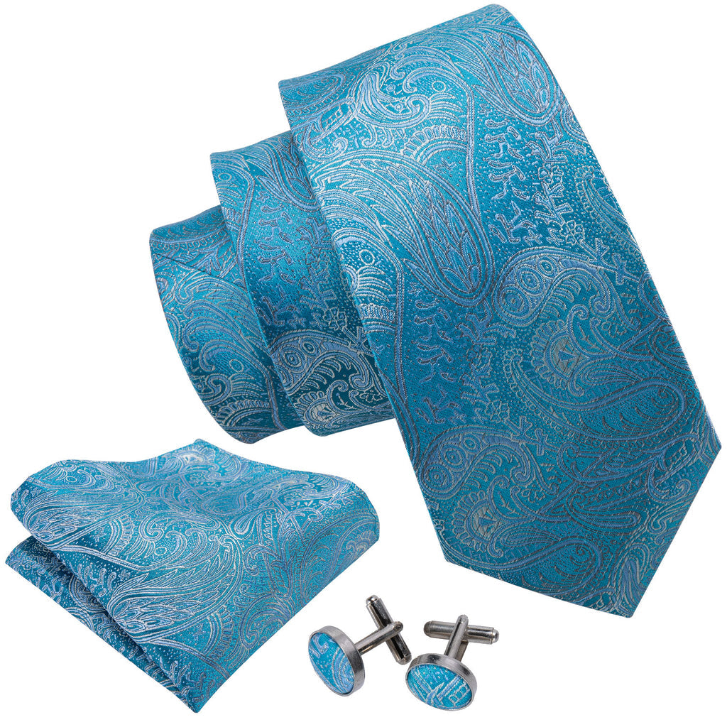 Sky Blue Paisley Silk Tie, Pocket Square and Cufflinks Set tie sets - Sophisticated Gentlemen