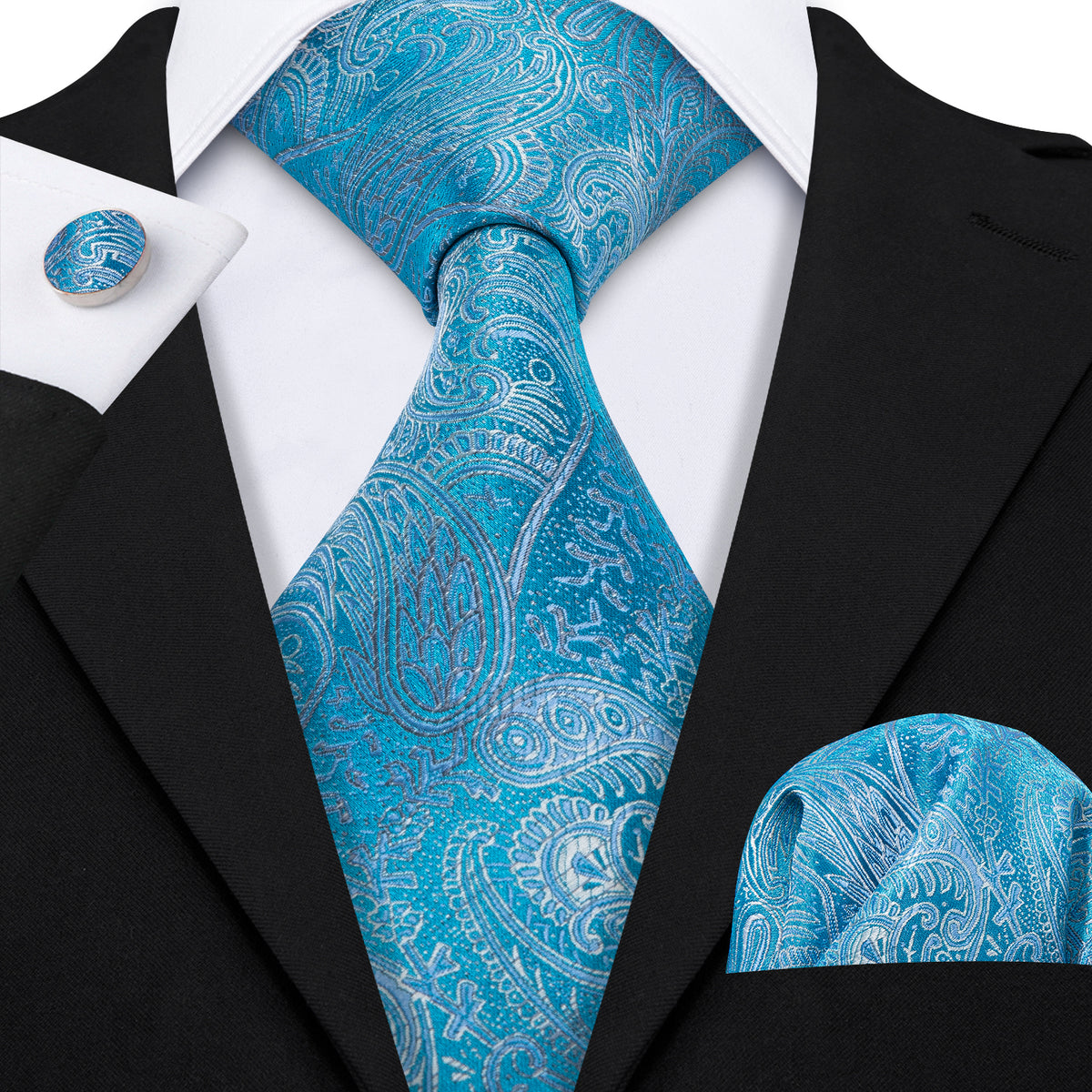 Sky Blue Paisley Silk Tie, Pocket Square and Cufflinks Set tie sets - Sophisticated Gentlemen