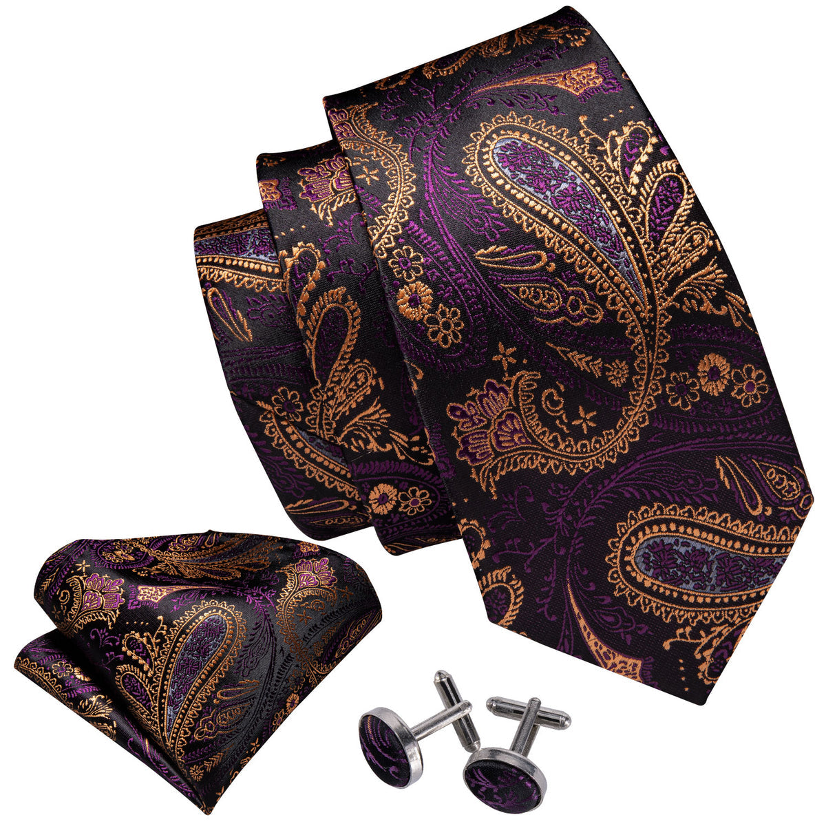 Yellow Purple Silk Tie, Pocket Square and Cufflinks Set tie sets - Sophisticated Gentlemen