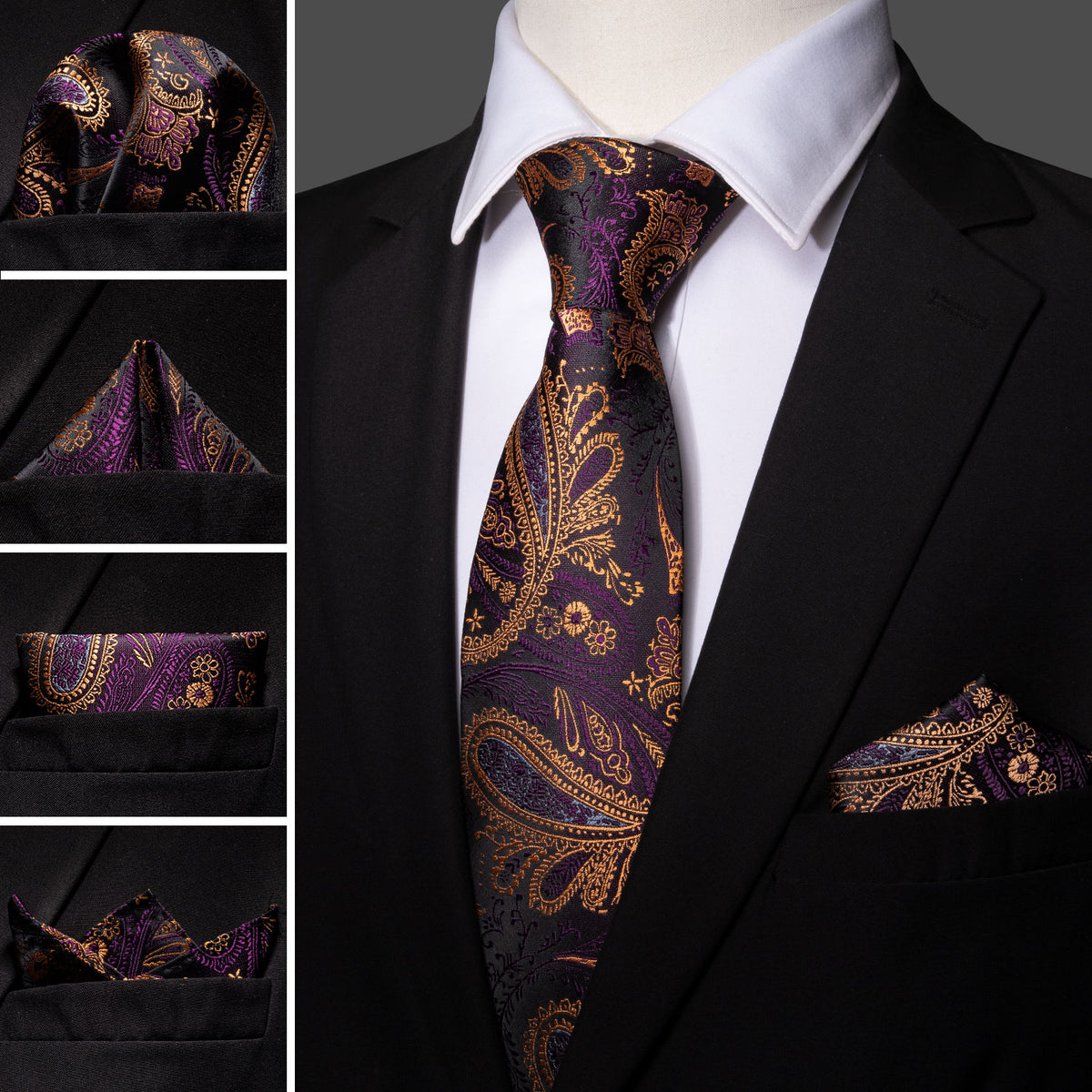Yellow Purple Silk Tie, Pocket Square and Cufflinks Set tie sets - Sophisticated Gentlemen