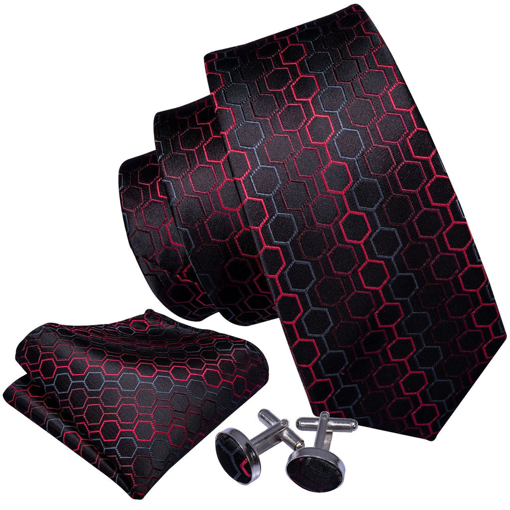 Black Red Geometric Plaid Silk Tie, Pocket Square and Cufflinks Set with Brooch tie sets - Sophisticated Gentlemen