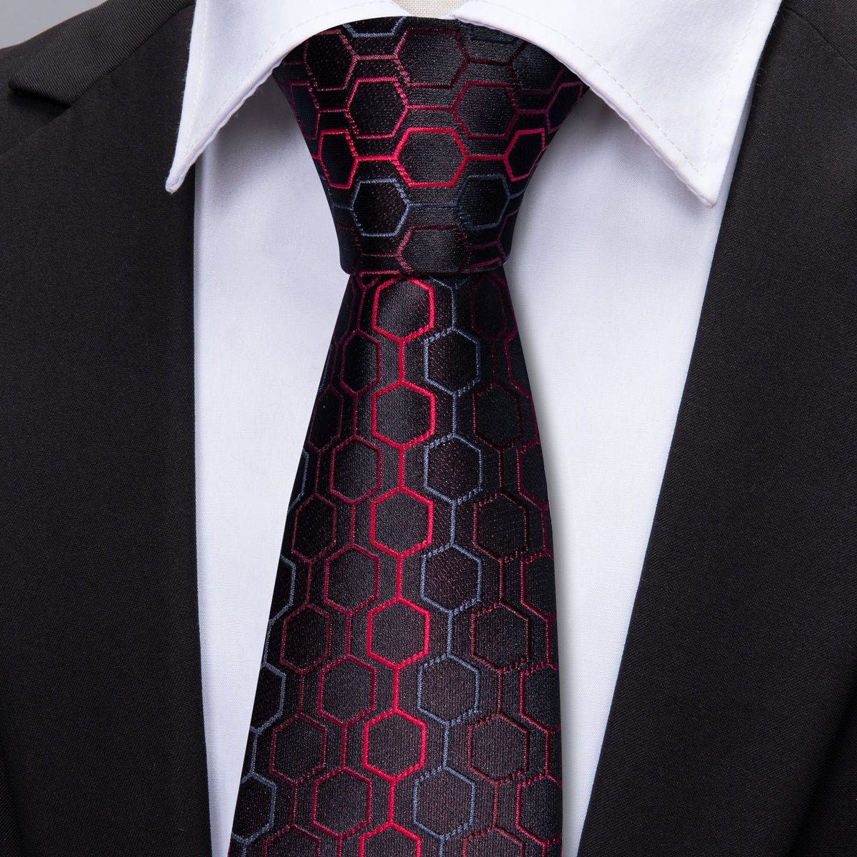 Bold Black and Red Geometric Plaid Silk Tie Set with Pocket Square and Cufflinks tie sets - Sophisticated Gentlemen