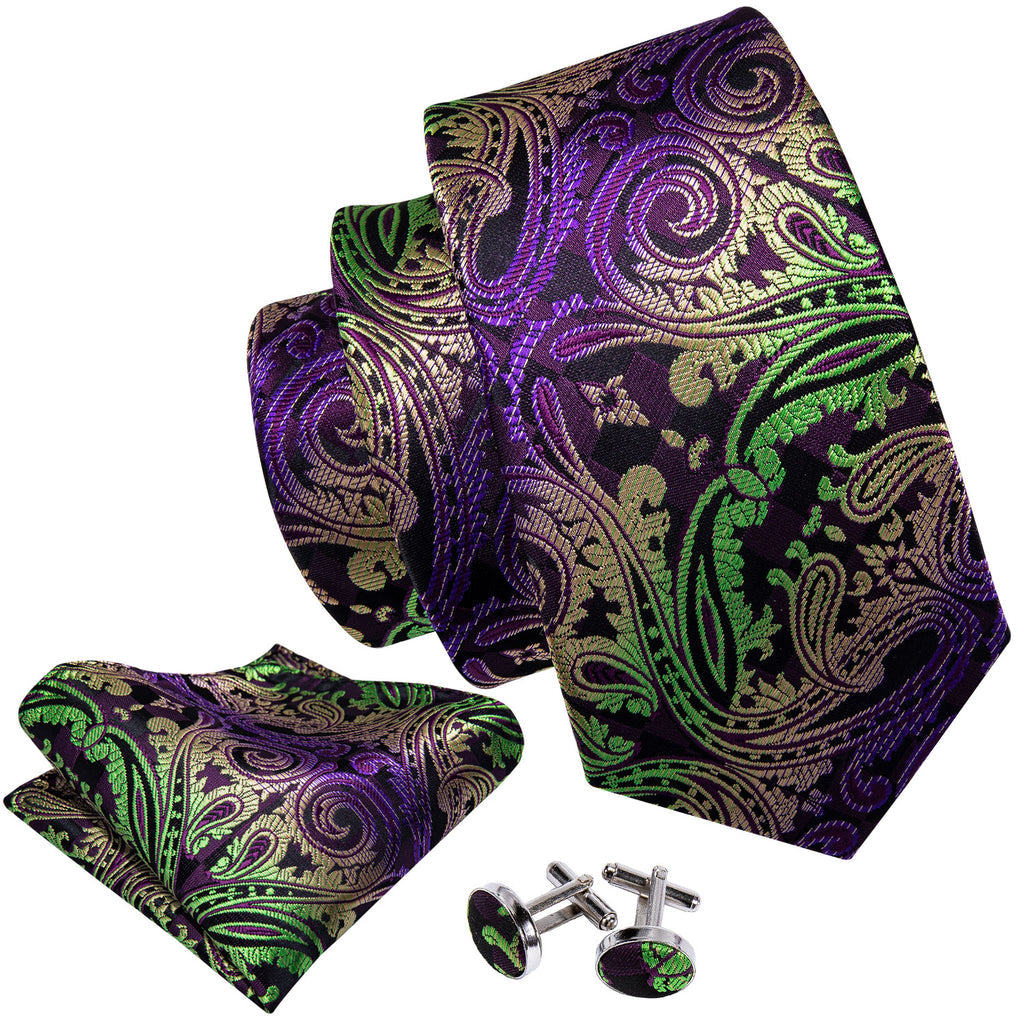 Green, Purple and Black Paisley Silk Tie, Pocket Square and Cufflinks Set tie sets - Sophisticated Gentlemen