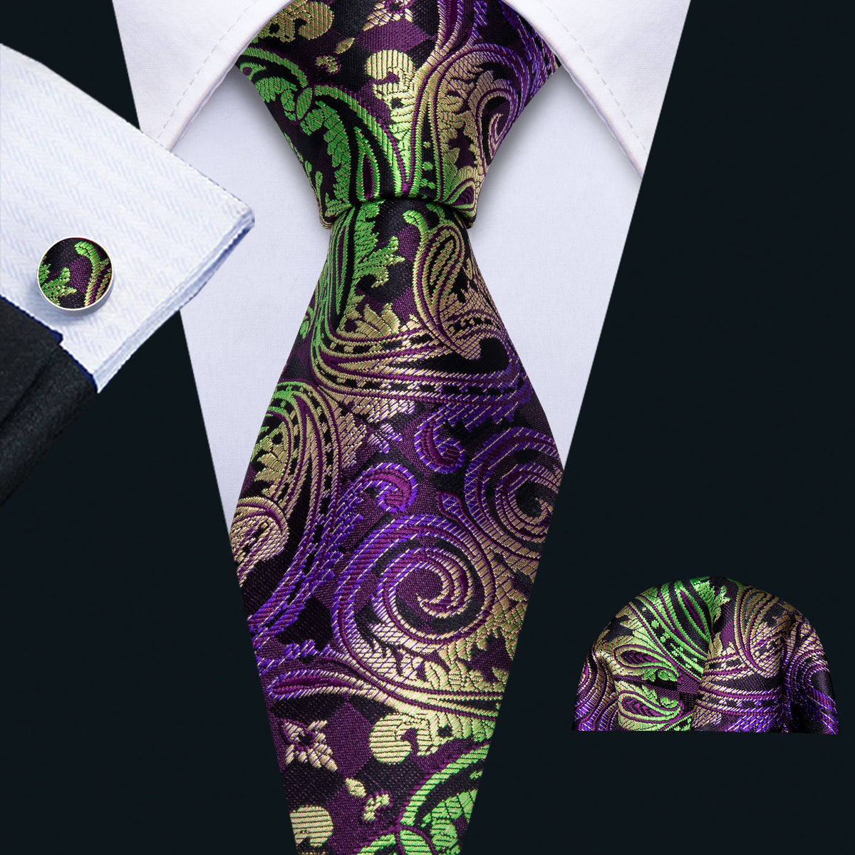 Green, Purple and Black Paisley Silk Tie, Pocket Square and Cufflinks Set tie sets - Sophisticated Gentlemen